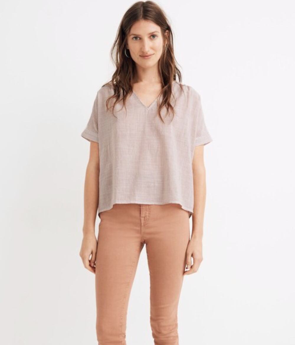 Madewell V-Neck Button-Back Top in Stripe Red White Medium